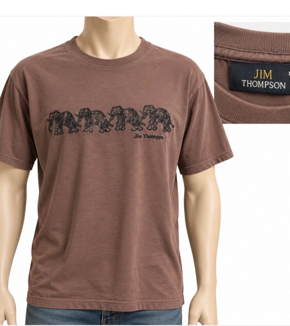 Jim Thompson Mens Medium Elephant Graphic T Shirt Tan Khaki Cotton Crewneck